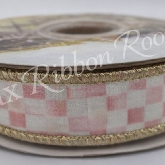MacKenzie-Childs Rosy Check Pink Ribbon 2" Wired Luxury Gift Wrap Two (2) Yards - Picture 3 of 4
